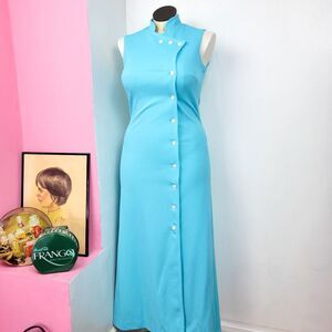 Vintage 60s Aqua Blue Sleeveless Maxi Dress